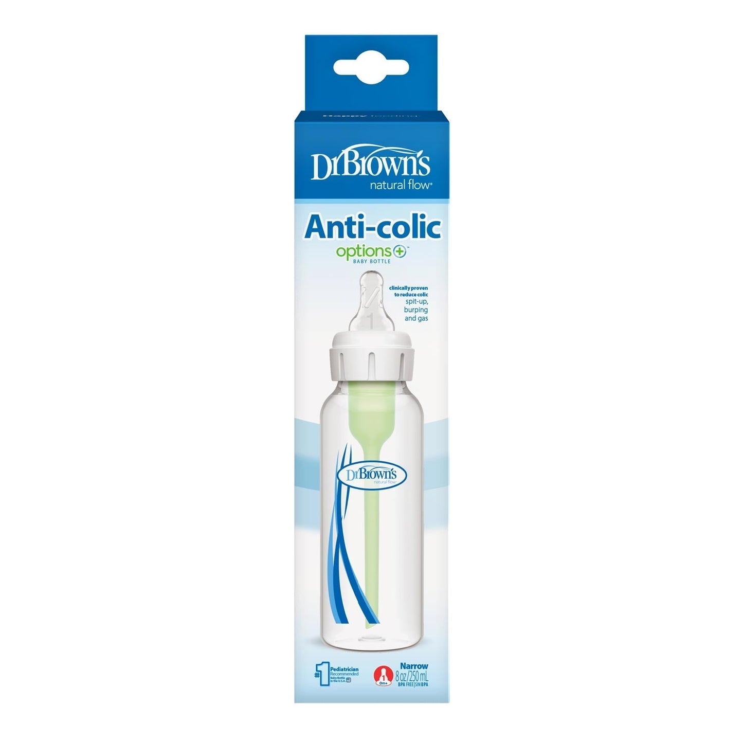 Dr. Brown's Natural Flow Anti-Colic Options+ Narrow Baby Bottle, with Level 1 Slow Flow Nipple