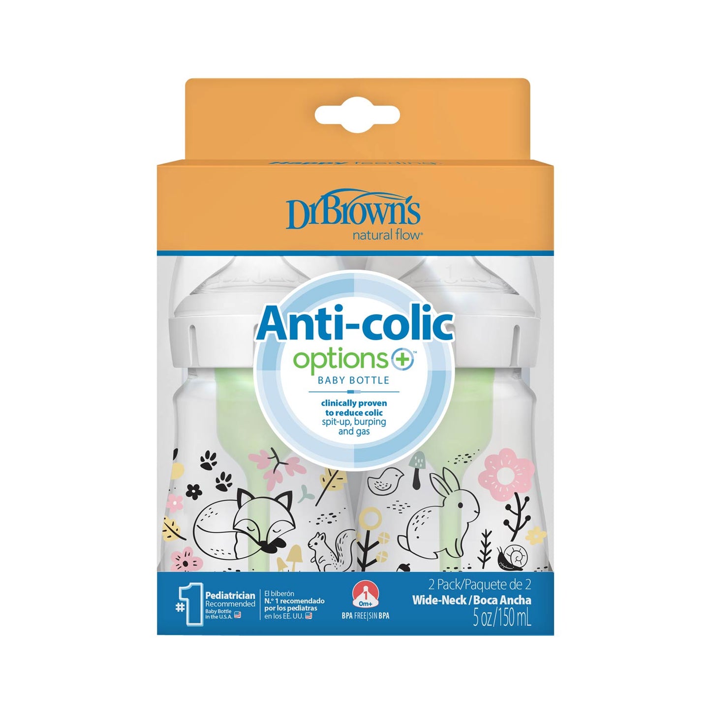 Dr. Brown's Natural Flow Anti-Colic Options+ Wide-Neck Baby Bottle, 5oz/150mL, 2-Pack