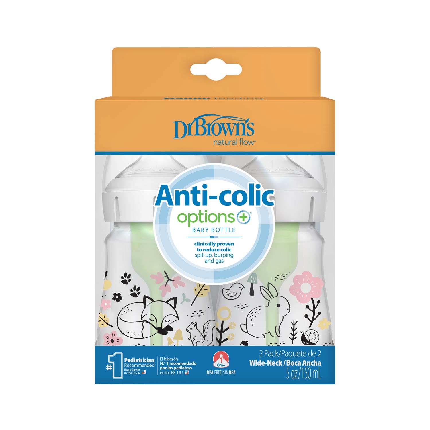Dr. Brown's Natural Flow Anti-Colic Options+ Wide-Neck Baby Bottle, 5oz/150mL, 2-Pack