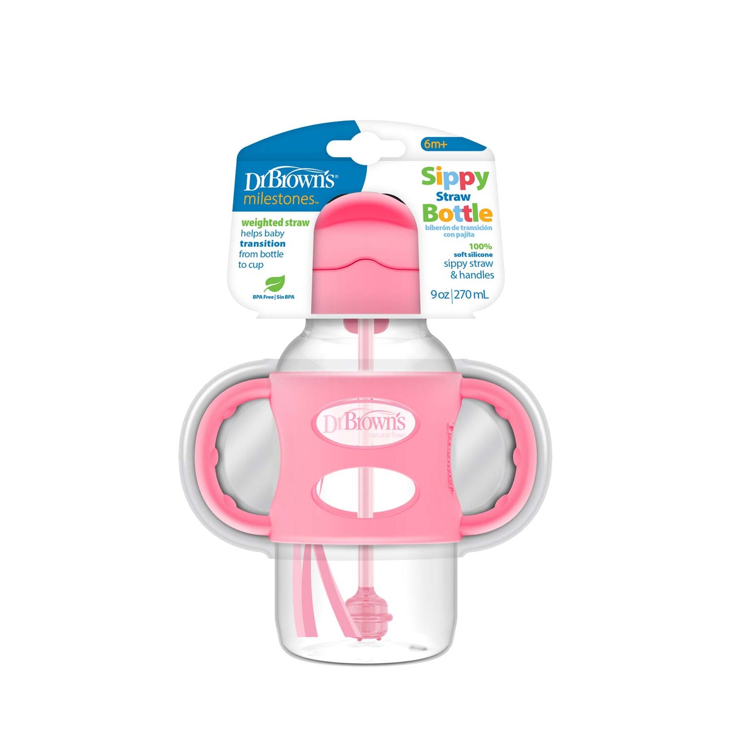 Dr. Brown's Milestones Wide-Neck Sippy Straw Bottle with Silicone Handles, 9 oz/270 mL
