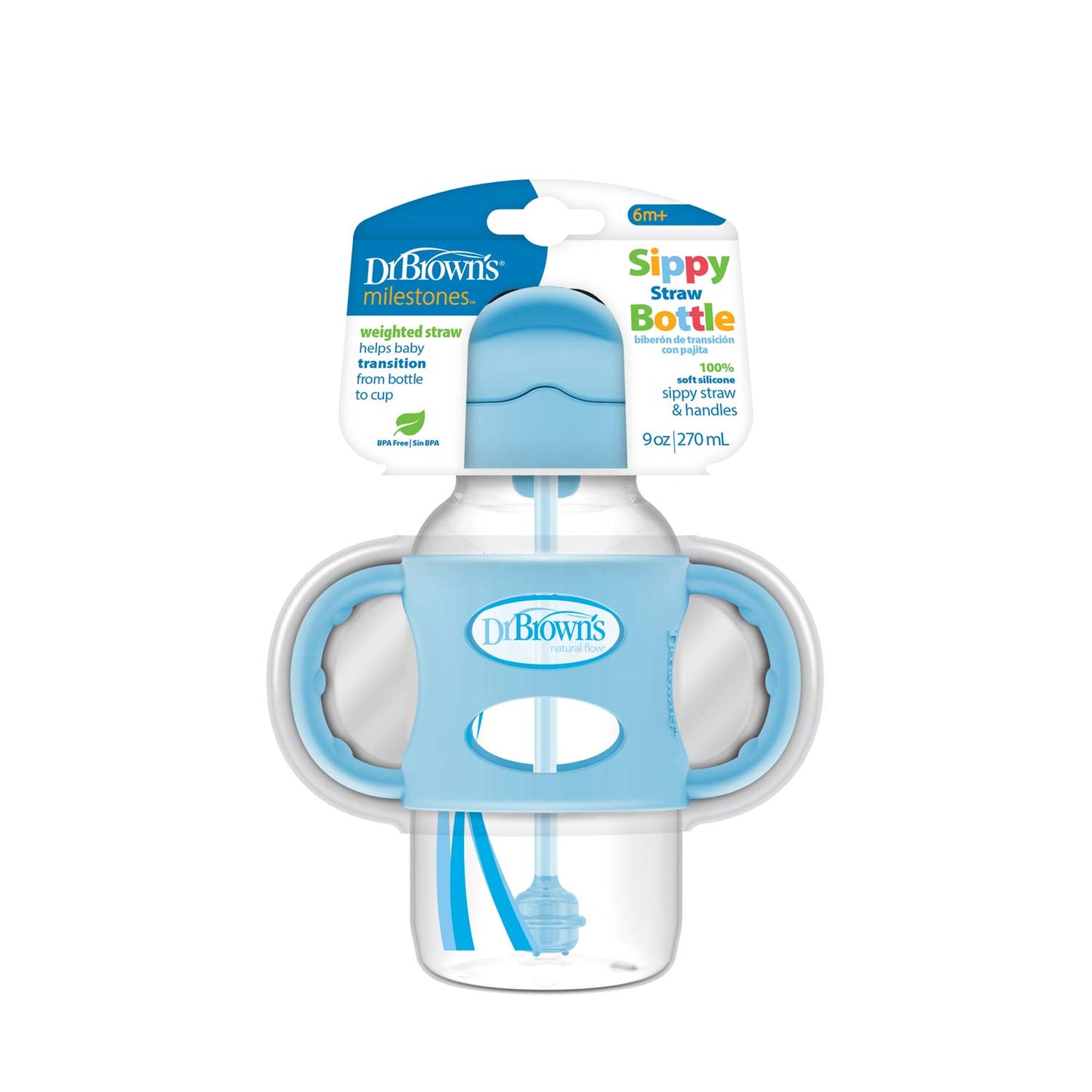 Dr. Brown's Milestones Wide-Neck Sippy Straw Bottle with Silicone Handles, 9 oz/270 mL