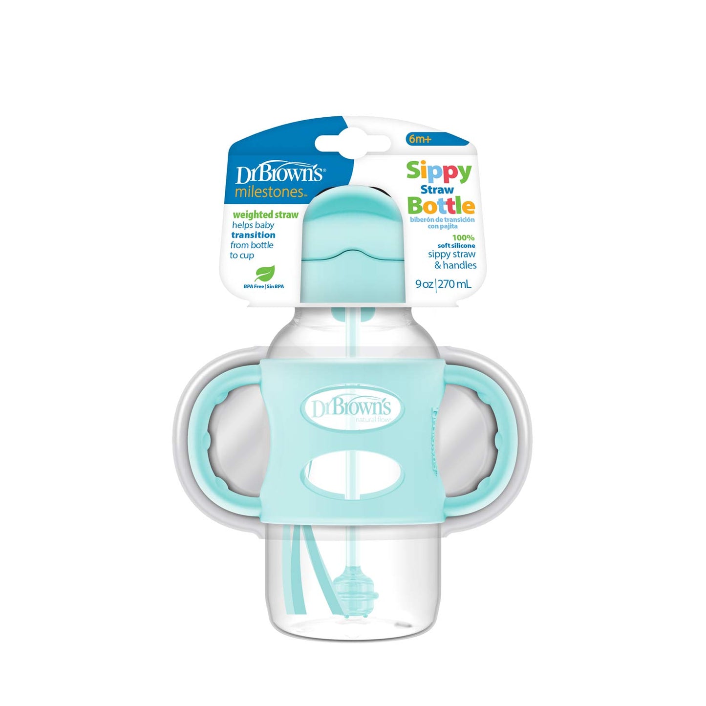 Dr. Brown's Milestones Wide-Neck Sippy Straw Bottle with Silicone Handles, 9 oz/270 mL
