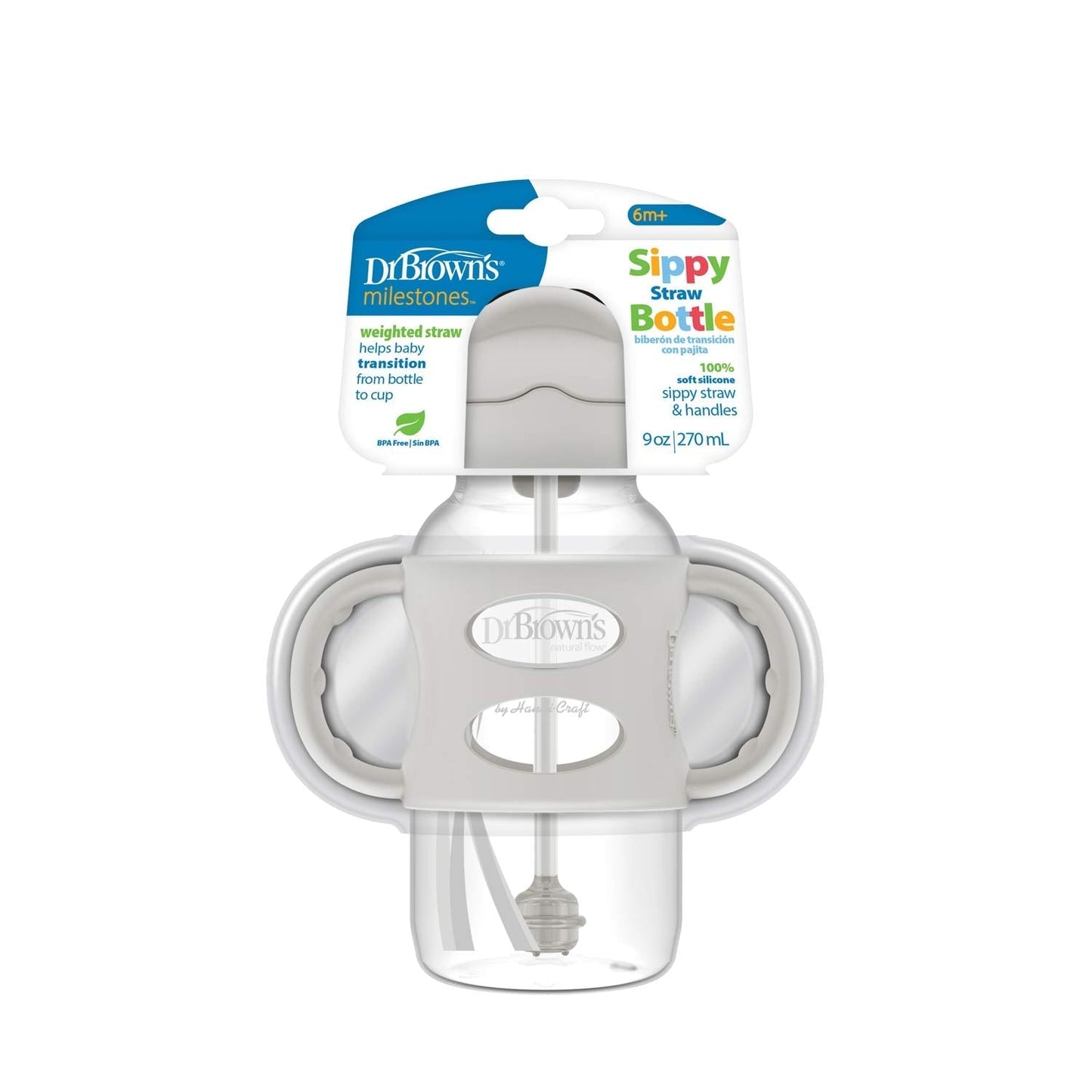 Dr. Brown's Milestones Wide-Neck Sippy Straw Bottle with Silicone Handles, 9 oz/270 mL