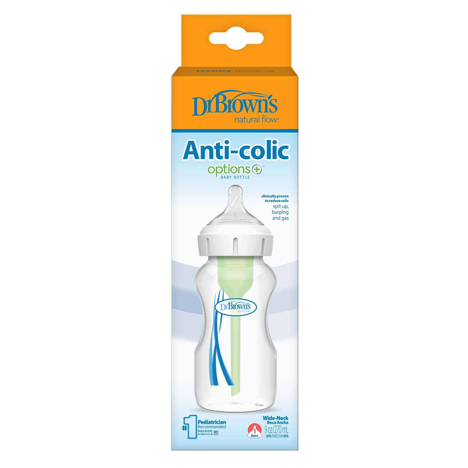 Dr. Brown's Natural Flow Anti-Colic Options+ Wide-Neck Baby Bottle, with Level 1 Slow Flow Nipple